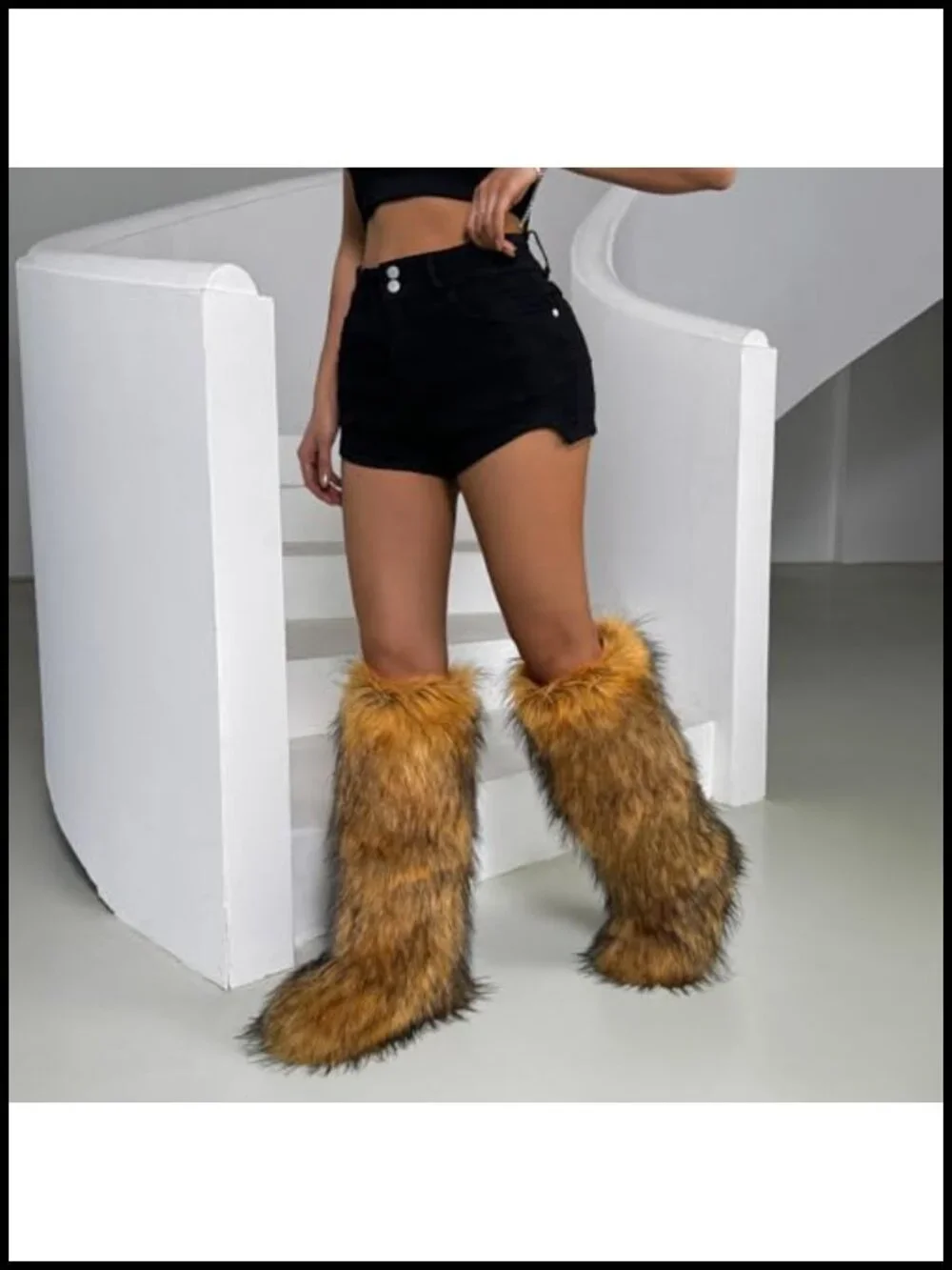 Knee High Faux Fur Boots Women Winter Snow Boots Round Toe Plush Warm